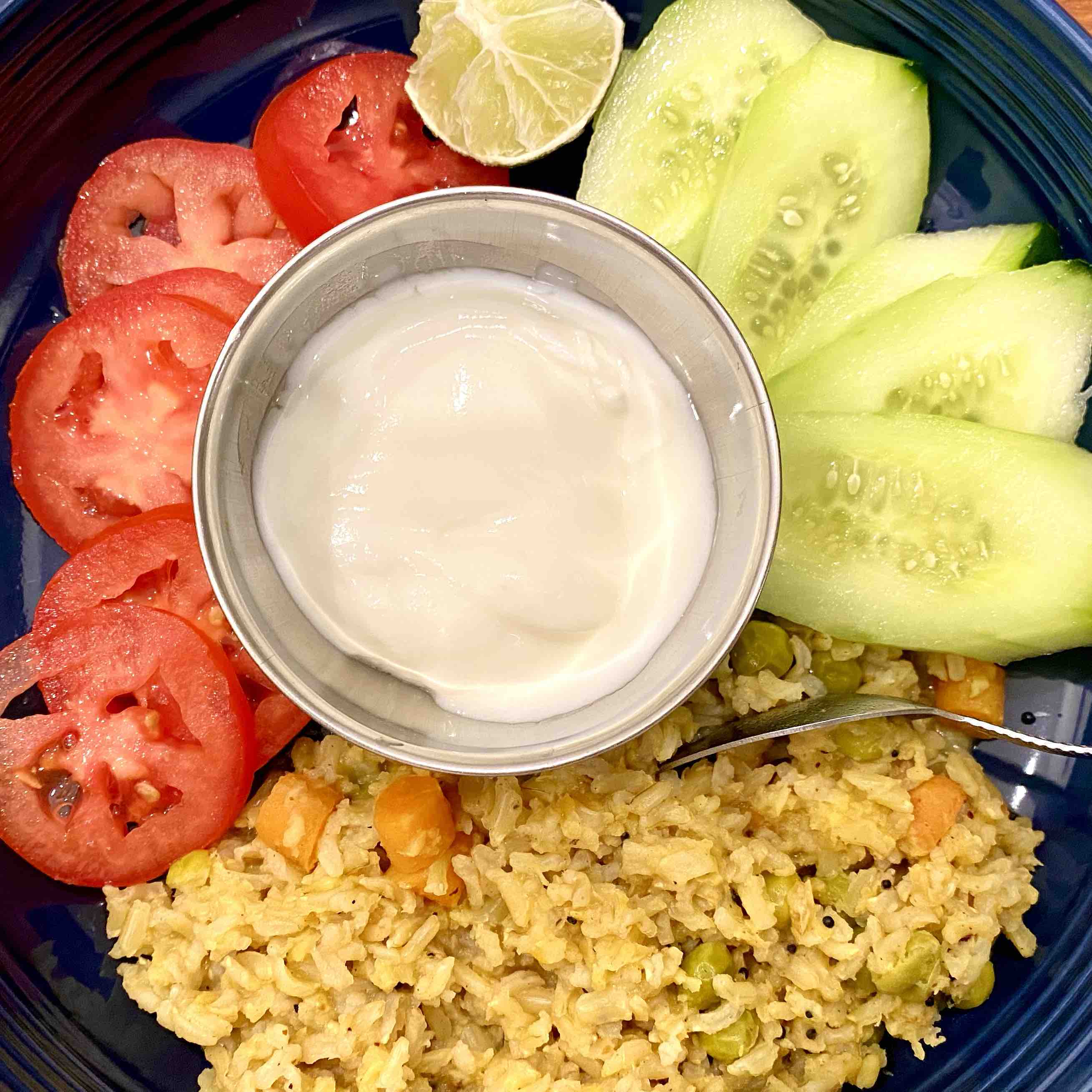 Brown Rice Vegetable Khichadi+Tomato Cucumber Slices+ Lemon+ Yogurt