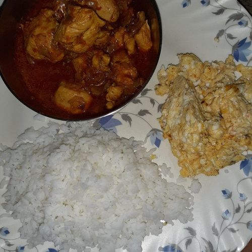Chicken curry, Scrambled egg and Rice