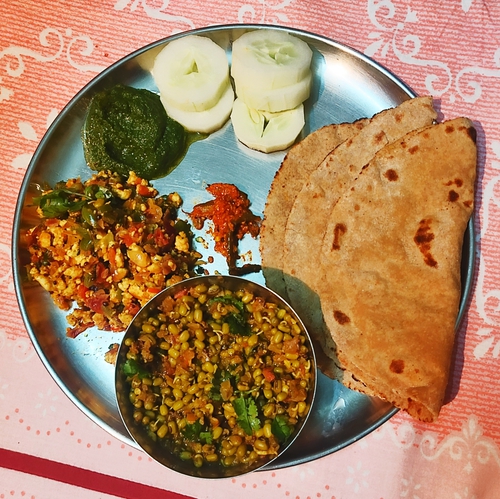 Soya chapati, Paneer Bhurji and Moong sabzi