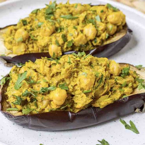 Chickpea & Tahini Stuffed Aubergine